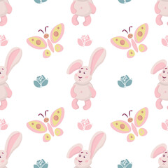 Seamless pattern with cute bunny flowers and butterflies on a white background. Vector design for baby products, diapers, clothes, textiles, wrapping paper, prints, decorations, packaging.