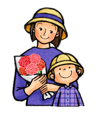 母の日　カーネーションを持つお母さんと子供（親子）