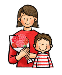 母の日　カーネーションを持つお母さんと子供（親子）
