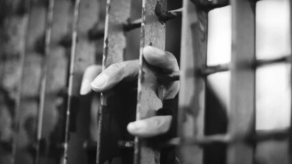 Black and white Close up of a hand sticking out from the jail's cell bars