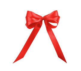 Beautiful red ribbon tied in bow isolated on white, top view