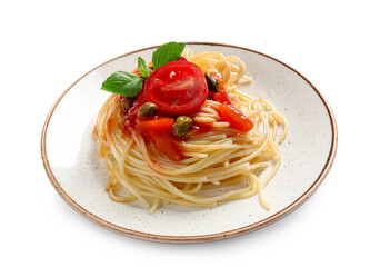 Plate with delicious Pasta Puttanesca on white background