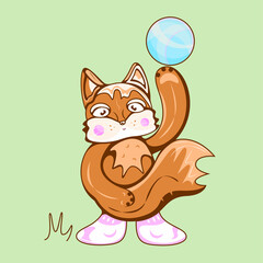 Fototapeta premium Funny smiling fox playing with a blue stripy ball on spring or summer day. Fox sportsman, football player dressed in pink socks and throwing a ball. 
