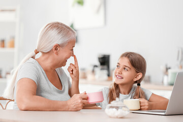 Little girl touching her grandmother's nose in kitchen