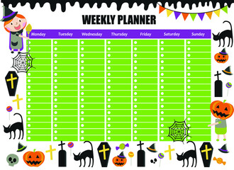 Weekly planner in cartoon style. Halloween. Kids schedule design template