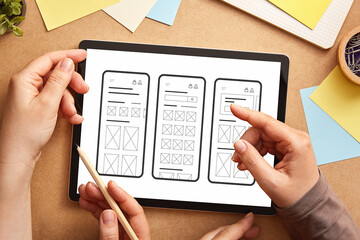 Two UI / UX front end designers working together and using a tablet device to analyze mobile application wireframes on desk.