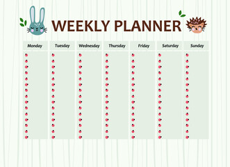 Vector weekly planner with cute animals.  Kids schedule design template. 