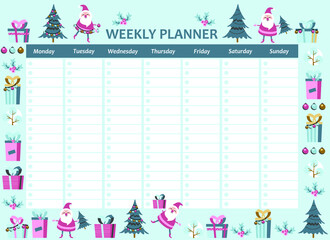 Weekly planner in cartoon style. Christmas. Kids schedule design template