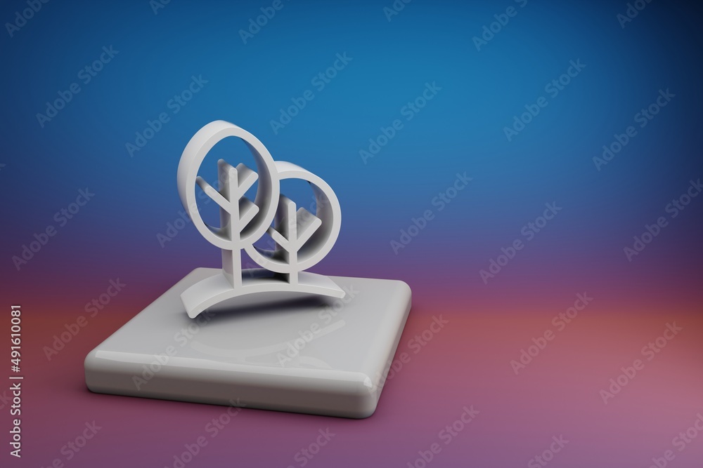 Poster Beautiful abstract illustrations Forest symbol icon on a  ceramic stand and bright colored background. 3d rendering illustration. Background pattern for design. Save Ecological.