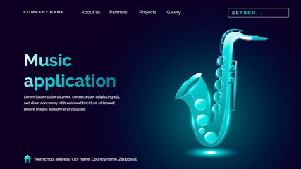 Music application landing page with sexophone icon in hologram style 