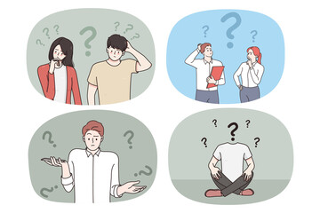Set of pensive diverse people with question marks think over problem solution. Collection of men and women brainstorm feel confused frustrated with trouble solving. Flat vector illustration. 
