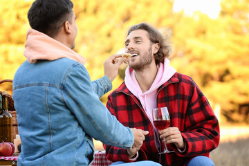 Happy gay couple having picnic outdoors on autumn day