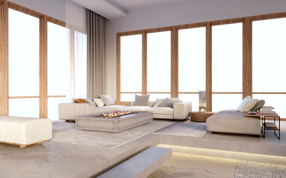 3d rendering,3d illustration, Interior Scene and Frame mockup,The living room has elevated wooden floors and white sofas, windows surround the room.
