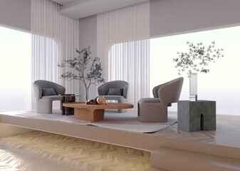 3d rendering,3d illustration, Interior Scene and Frame mockup,The corner of the living room elevates three beige-grey armchairs, a curved wooden center table.
