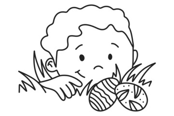 Illustration of a cute kid finding Easter eggs in grassland. Black and white illustration that can be used for Easter coloring books.