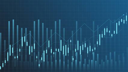 stock market and cryptocurrency trading chart concept. candlestick and bar graph with volume indicator show digital money or financial statistics and business earning management on blue background 