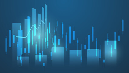 stock market and cryptocurrency trading chart concept. candlestick and bar graph with volume indicator show digital money or financial statistics and business earning management on blue background 