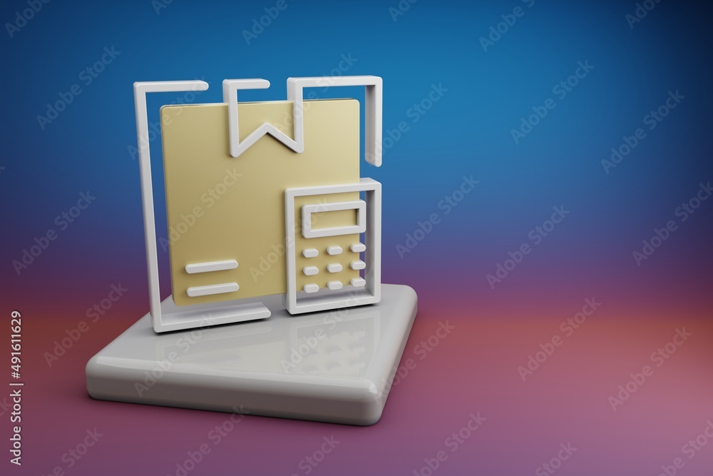 Poster Beautiful abstract illustrations Delivery Box Calculator symbol icon on a  ceramic stand and bright colored background. 3d rendering illustration. Background pattern for design. Online Shopping.