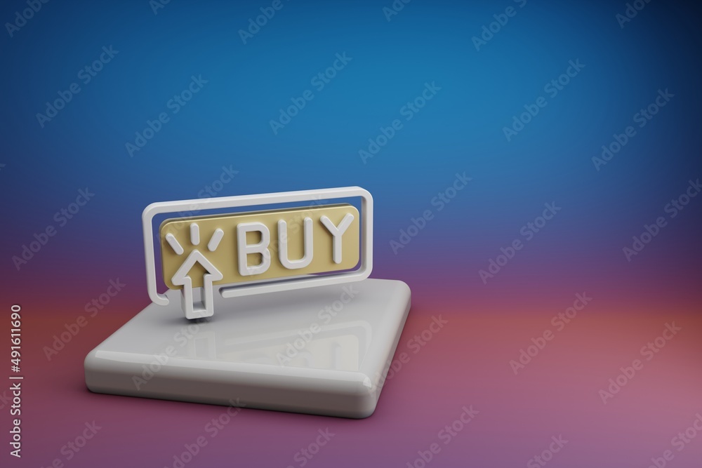 Aufkleber Beautiful abstract illustrations Buy Button symbol icon on a  ceramic stand and bright colored background. 3d rendering illustration. Background pattern for design. Online Shopping.