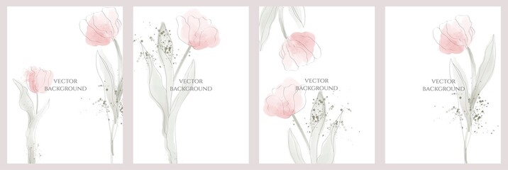 Set of vector abstract universal backgrounds templates in minimal style with flowers and watercolor splashes	