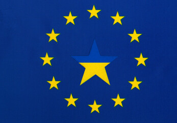 Yellow-blue star in the center of the European flag. Concept of Ukraine's entry into the European Union (EU).