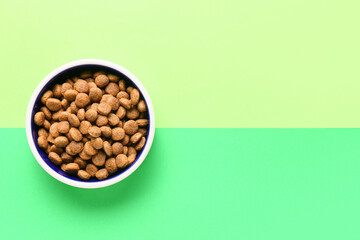 Bowl of dry pet food on color background
