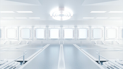 Corridor in space station or in laboratory decorated with grey color. futuristic and technology background, 3D Render.