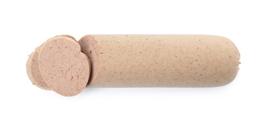 Delicious cut liverwurst on white background, top view