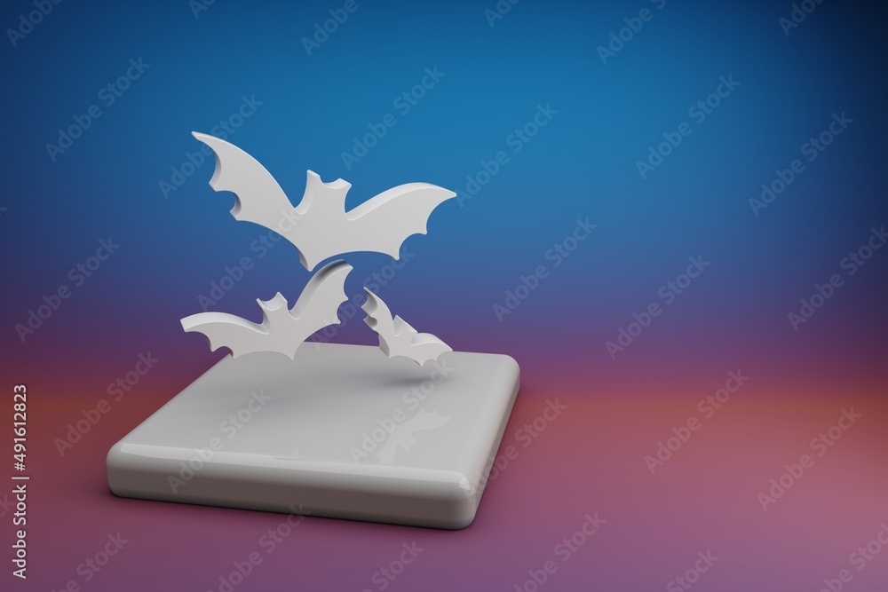 Poster Beautiful abstract illustrations white Halloween bats symbol icon on a  ceramic stand and bright colored background. 3d rendering illustration. Background pattern for design..