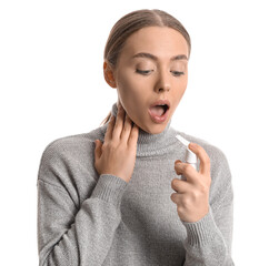 Ill young woman with inhaler isolated on white