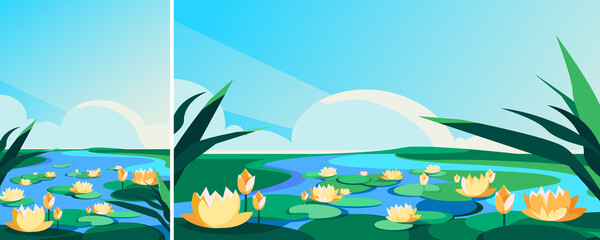 Fototapeta na wymiar Blooming lotuses on the river. Natural scenery in different formats.