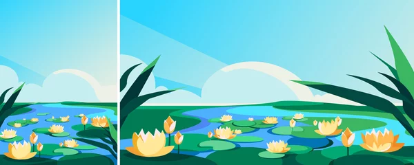 Tuinposter Blooming lotuses on the river. Natural scenery in different formats. © Pakon