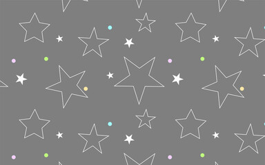 Seamless pattern of a children's room for children and adults with colored stars on a gray background. Perfect for fabric, textiles, pajamas, nursery decoration, baby shower. Surface pattern design. 