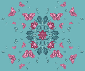 Delicate seamless pattern with butterflies on  turquoise backgro