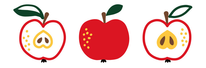 A flat apple drawn by hand with a vector illustration. Ripe fruits, juicy organic food abstract drawing highlighted on a white background. Fashionable home decor. Modern color print