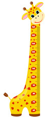 Cute giraffe. Cheerful funny giraffe with long neck. Giraffe meter wall or height chart or wall sticker. Illustration with scale on white background. - obrazy, fototapety, plakaty