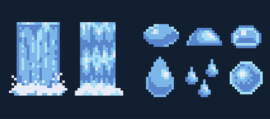 Water drops and splashes pixel art icon set. Waterfall logo collection. Liquid elements. 8-bit sprite. Game development, mobile app.  Isolated vector illustration.