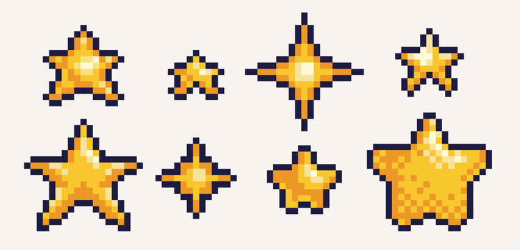 Shiny Golden Stars Pixel Art Icon Set. Rating Or Ranking Symbols Logo Collection. 8-bit Sprite. Game Development, Mobile App.  Isolated Vector Illustration.