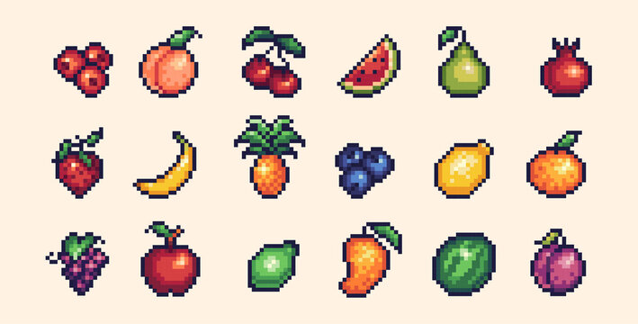 Fruits pixel art icon set. Berries and exotic plants logo collection. 8-bit sprite. Game development, mobile app.  Isolated vector illustration.