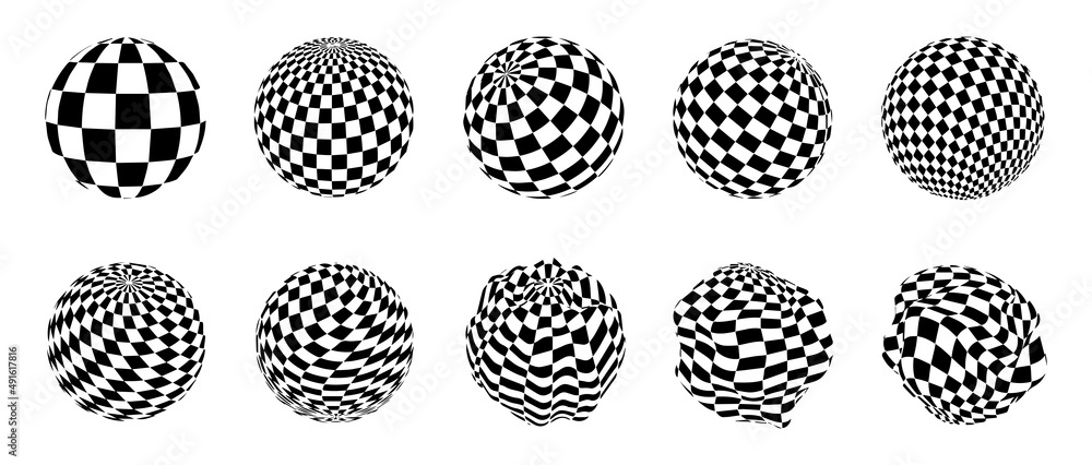 Poster set of checkerboard textures on spheres. spheres from twisted stripes. illusion effect. black and wh