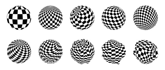 Set of checkerboard textures on spheres. Spheres from twisted stripes. Illusion effect. Black and white 3d art. Vector illustration.