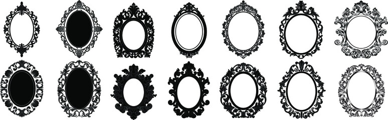 Set of black oval vintage frames, design elements. Vector.