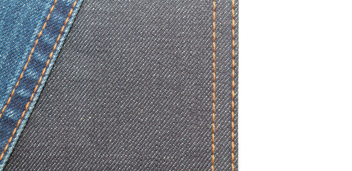 Detail of denim fabric and double stitched.  weathered denim fabric.. denim banner for web