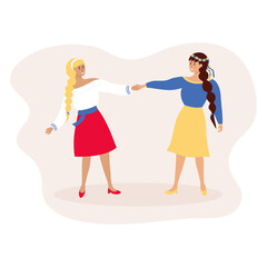 Beautiful Ukraine girl and Russian girl holding hands. Friendship of peoples, peace world, no war concept.