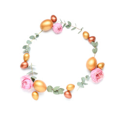 Frame made of Easter eggs with flowers and eucalyptus branches on white background