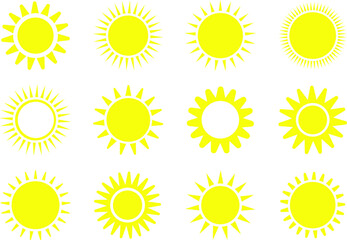 Set of sun icons. Flat vector illustration. Spring and summer element. Sun pictogram. Yellow sunshine isolated on white background.
