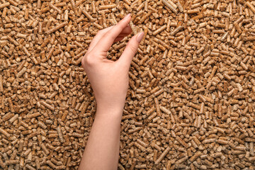 Female hand with wood pellets