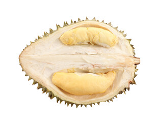 Fototapeta premium Half of fresh ripe durian isolated on white, top view