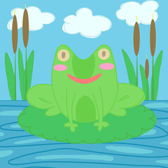 Cute frog sitting on a water lily, childish doodle