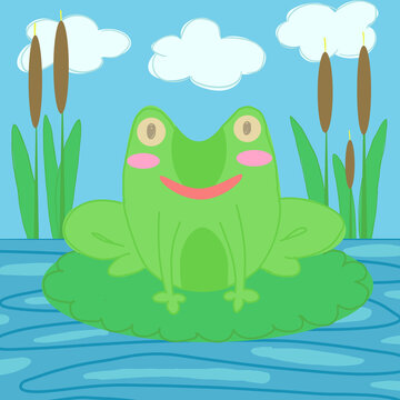 Cute frog sitting on a water lily, childish doodle